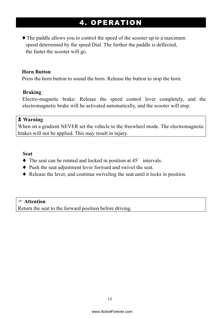 Operation | Activeforever Drive Daytona S45001gt Scooter (Red - with Peace of Mind Warranty) User Manual | Page 12 / 32