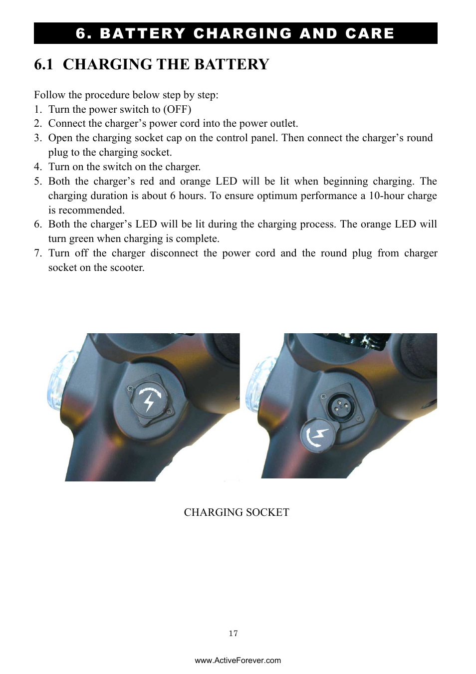 1 charging the battery, Battery charging and care | Activeforever Drive Daytona S45001gt Scooter (Red - with Peace of Mind Warranty) User Manual | Page 17 / 32