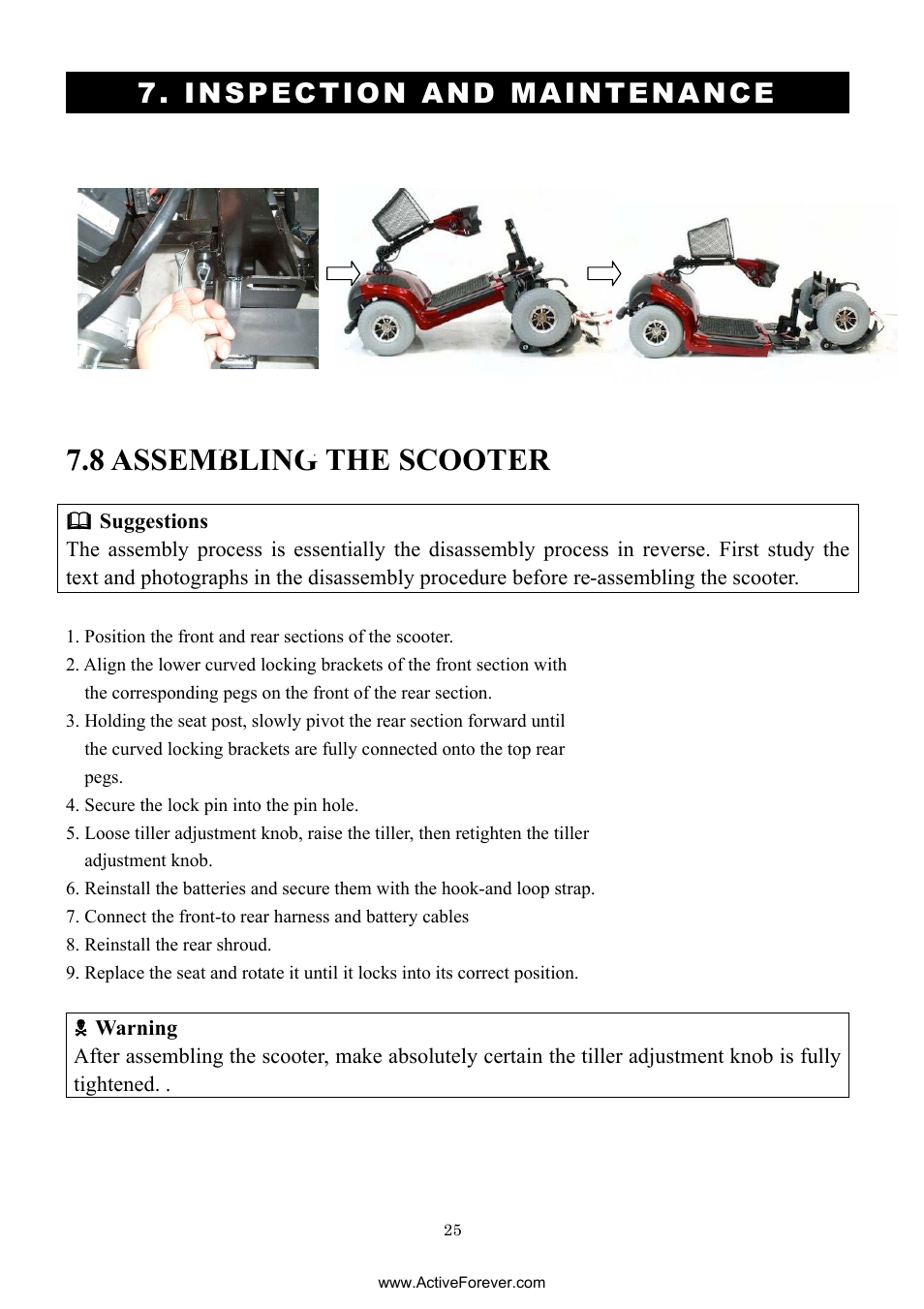 8 assembling the scooter, Inspection and maintenance | Activeforever Drive Daytona S45001gt Scooter (Red - with Peace of Mind Warranty) User Manual | Page 25 / 32