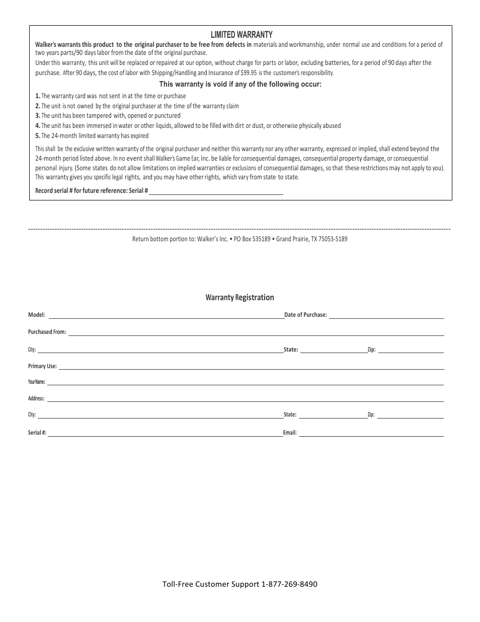 Wge-xge1 owners manual part2, Warranty registration, Limited warranty | Activeforever Walkers Game Ear HD Elite User Manual | Page 2 / 2