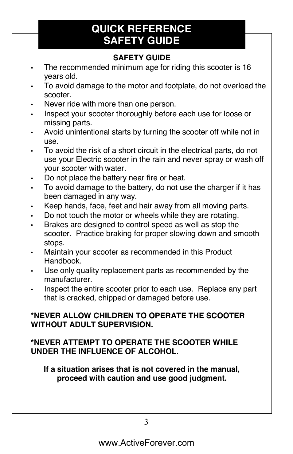 Quick reference safety guide | Activeforever EWheels EW-66 2 Passenger Mobility Scooter User Manual | Page 4 / 27