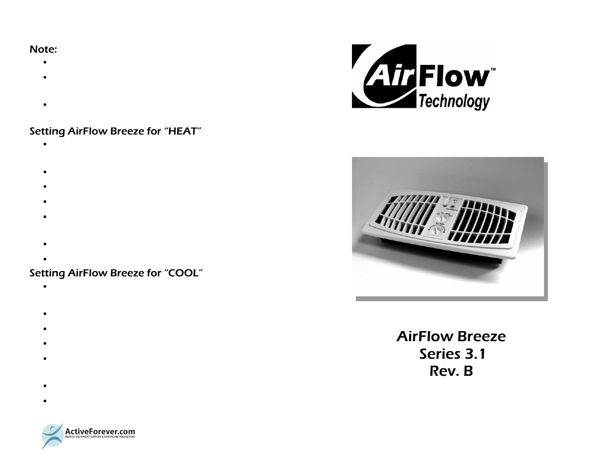 Activeforever AirFlow Breeze Register Booster Fan User Manual | 2 pages