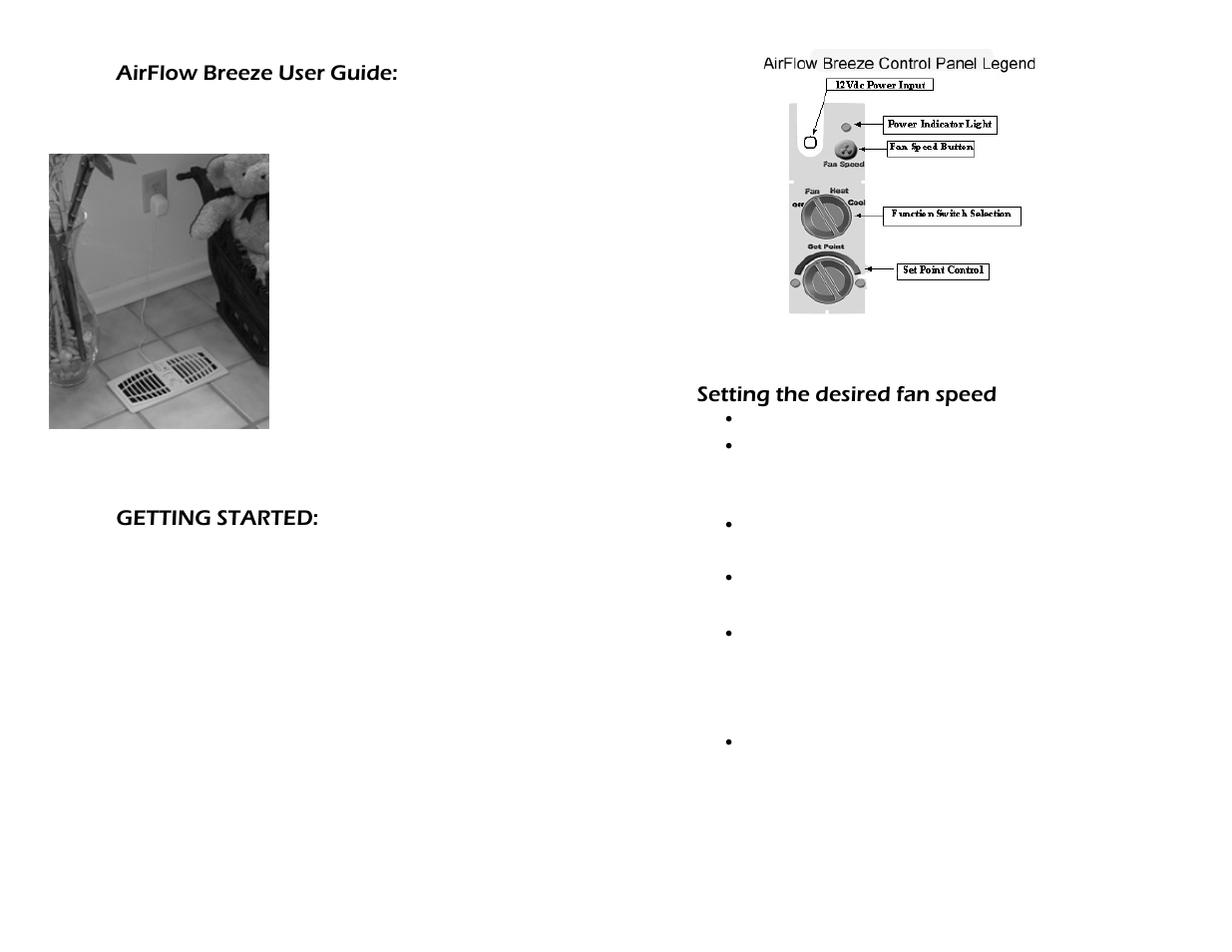 Airflow breeze user guide, Getting started, Setting the desired fan speed | Activeforever AirFlow Breeze Register Booster Fan User Manual | Page 2 / 2