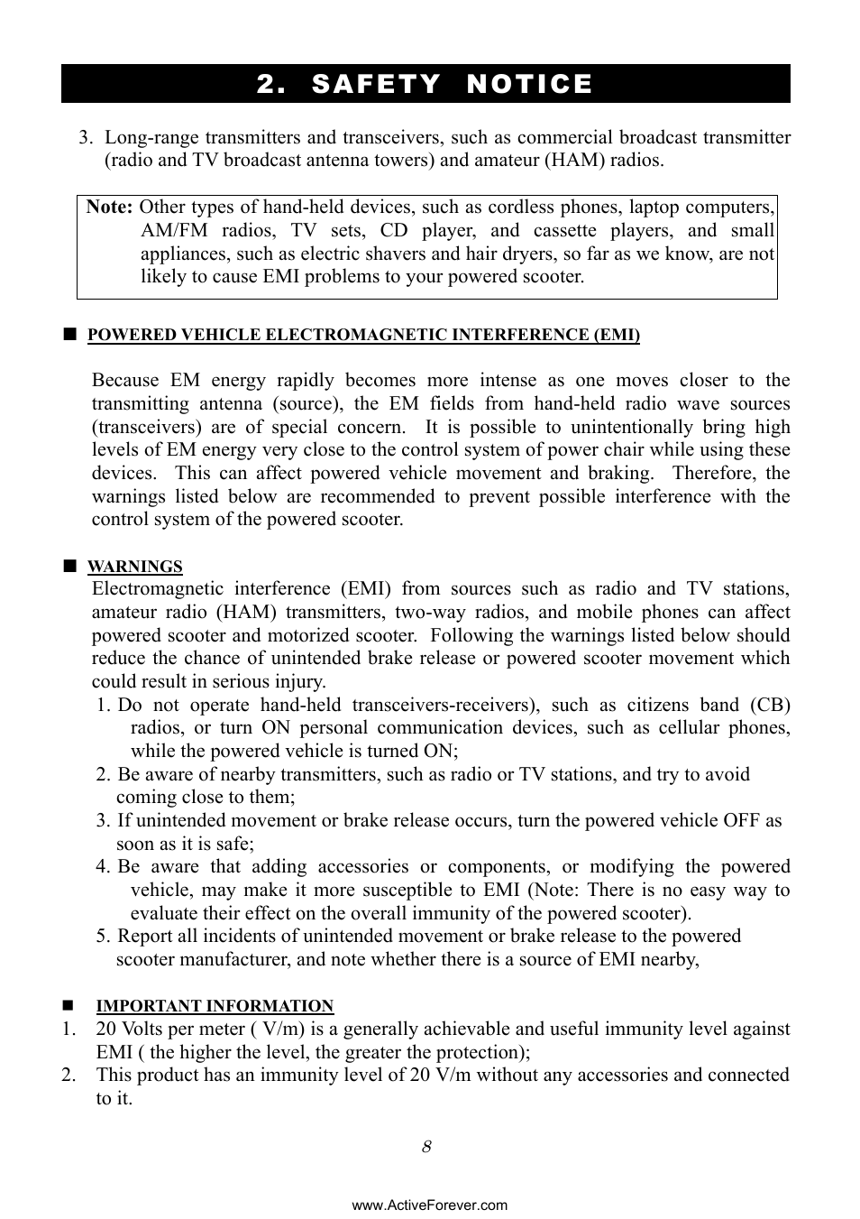 Safety notice | Activeforever Phoenix S35010 Power Mobility Scooter (3 Wheel) User Manual | Page 8 / 29