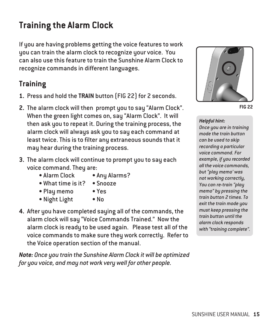 Training the alarm clock, Training | Innotech Systems Sunshine User Manual | Page 15 / 16