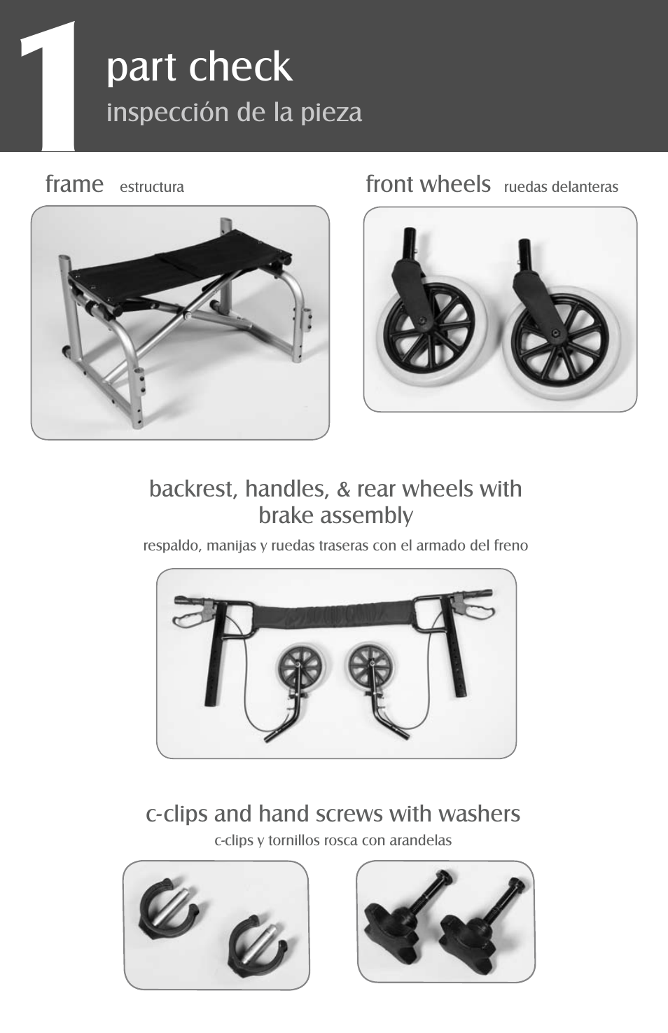 Part check, Front wheel assembly | Activeforever Carex Ultra Ride Rollator Transport Chair User Manual | Page 2 / 8