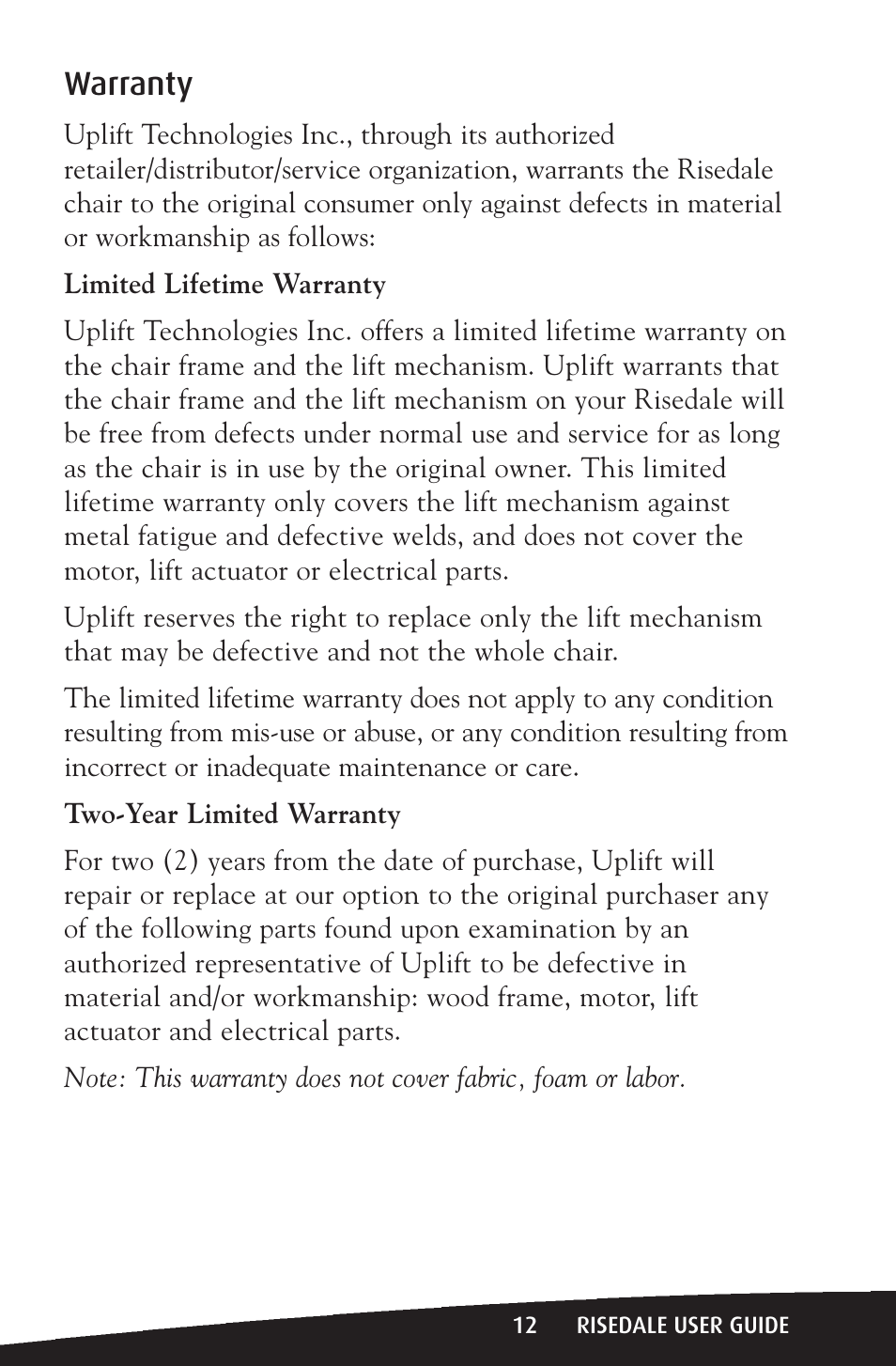 Warranty | Activeforever Risedale Lift Chair User Manual | Page 11 / 11