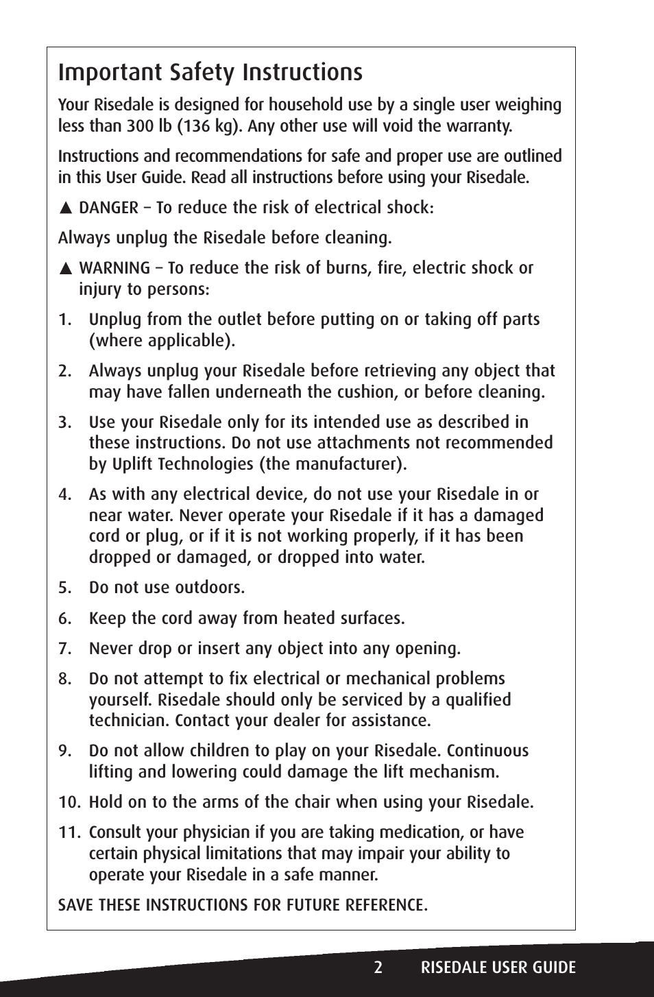 Important safety instructions | Activeforever Risedale Lift Chair User Manual | Page 2 / 11
