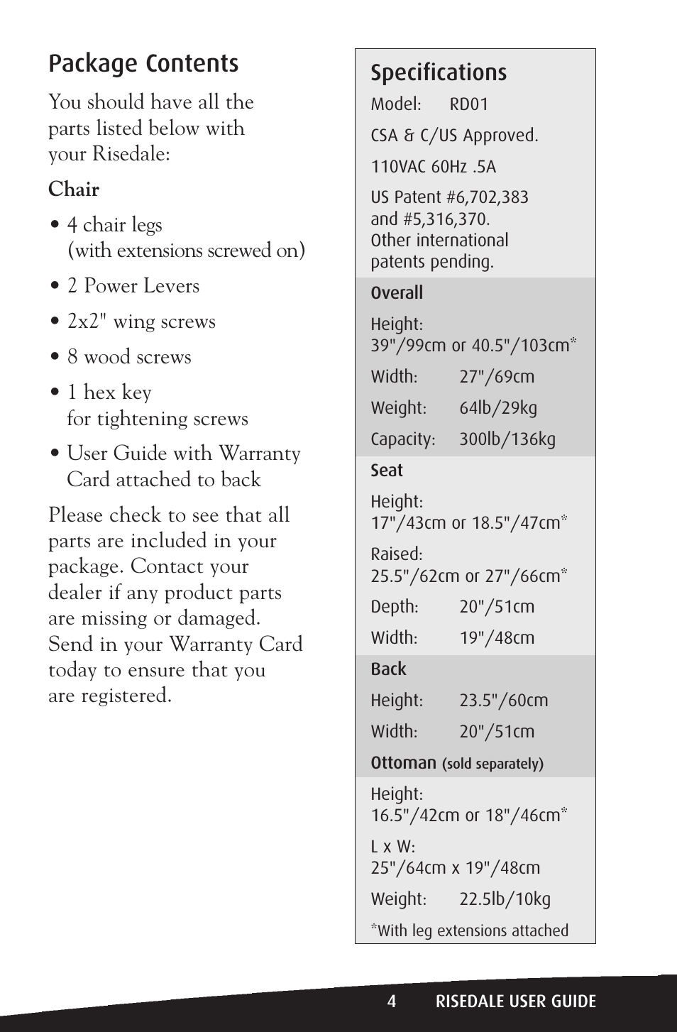 Package contents, Specifications | Activeforever Risedale Lift Chair User Manual | Page 4 / 11