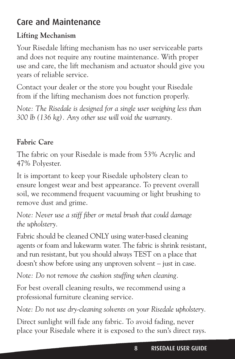 Care and maintenance | Activeforever Risedale Lift Chair User Manual | Page 8 / 11