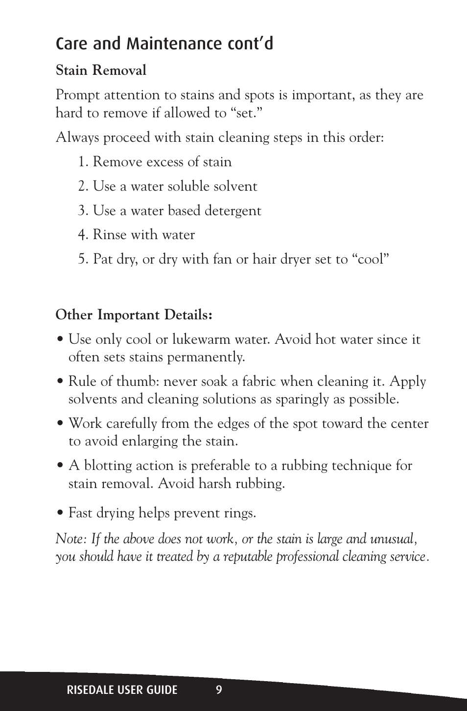 Care and maintenance cont’d | Activeforever Risedale Lift Chair User Manual | Page 9 / 11