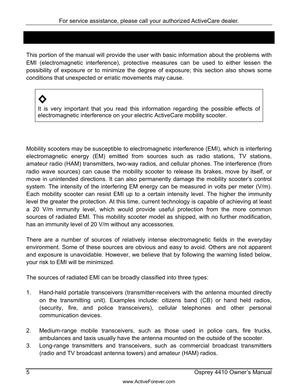 Electromagnetic interference (emi) | Activeforever ActiveCare Osprey 4410 Mobility Scooter User Manual | Page 6 / 24