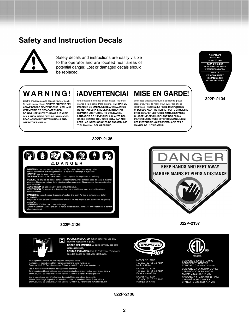 Safety and instruction decals, Mise en garde, Advertencia | Activeforever Snow Joe Plus 322P Electric Snow Thrower User Manual | Page 2 / 8