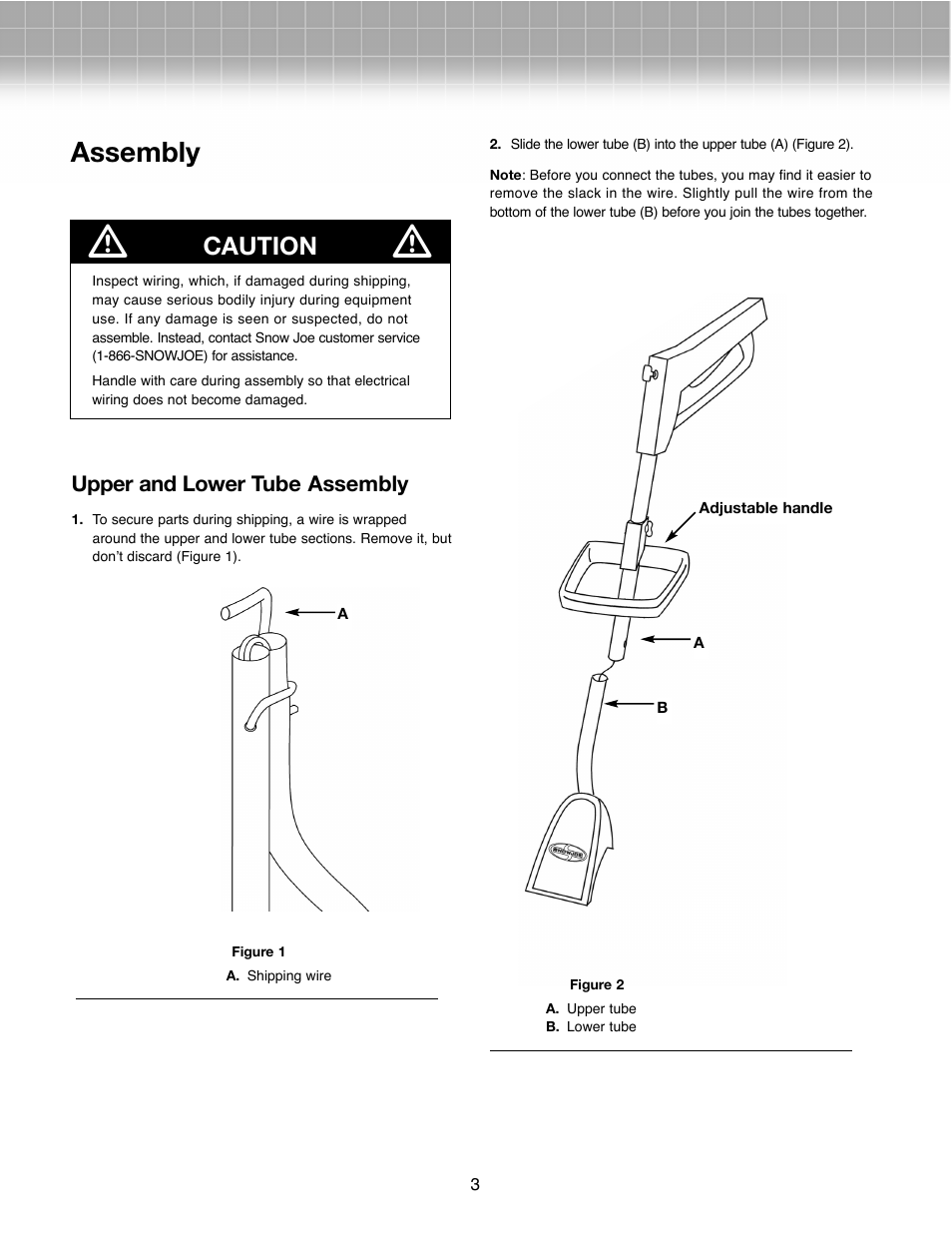 Assembly, Caution, Upper and lower tube assembly | Activeforever Snow Joe Plus 322P Electric Snow Thrower User Manual | Page 3 / 8