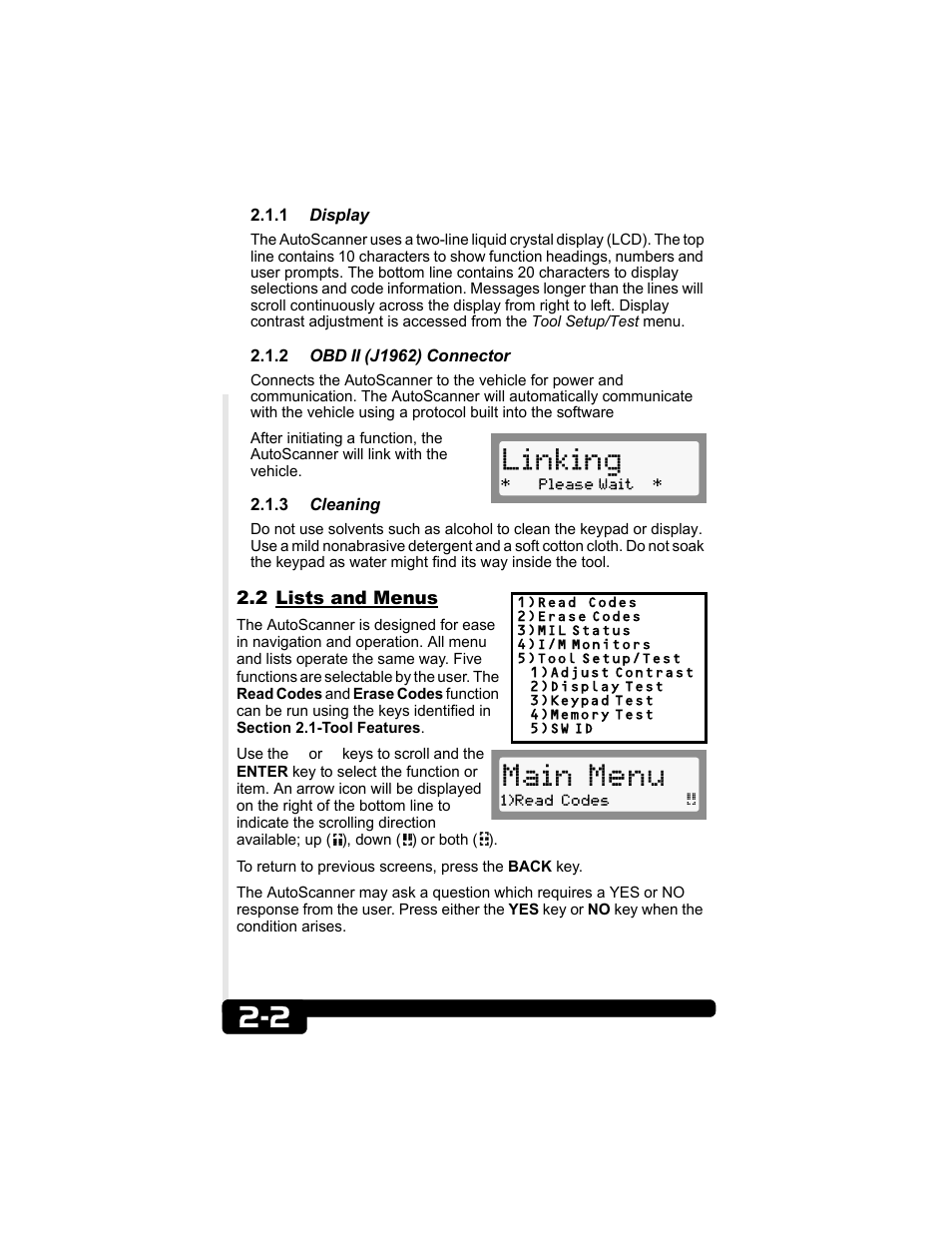 1 display, 2 obd ii (j1962) connector, 3 cleaning | 2 lists and menus, Linking, Main menu | Actron CP9135 OBD II AutoScanner User Manual | Page 10 / 120