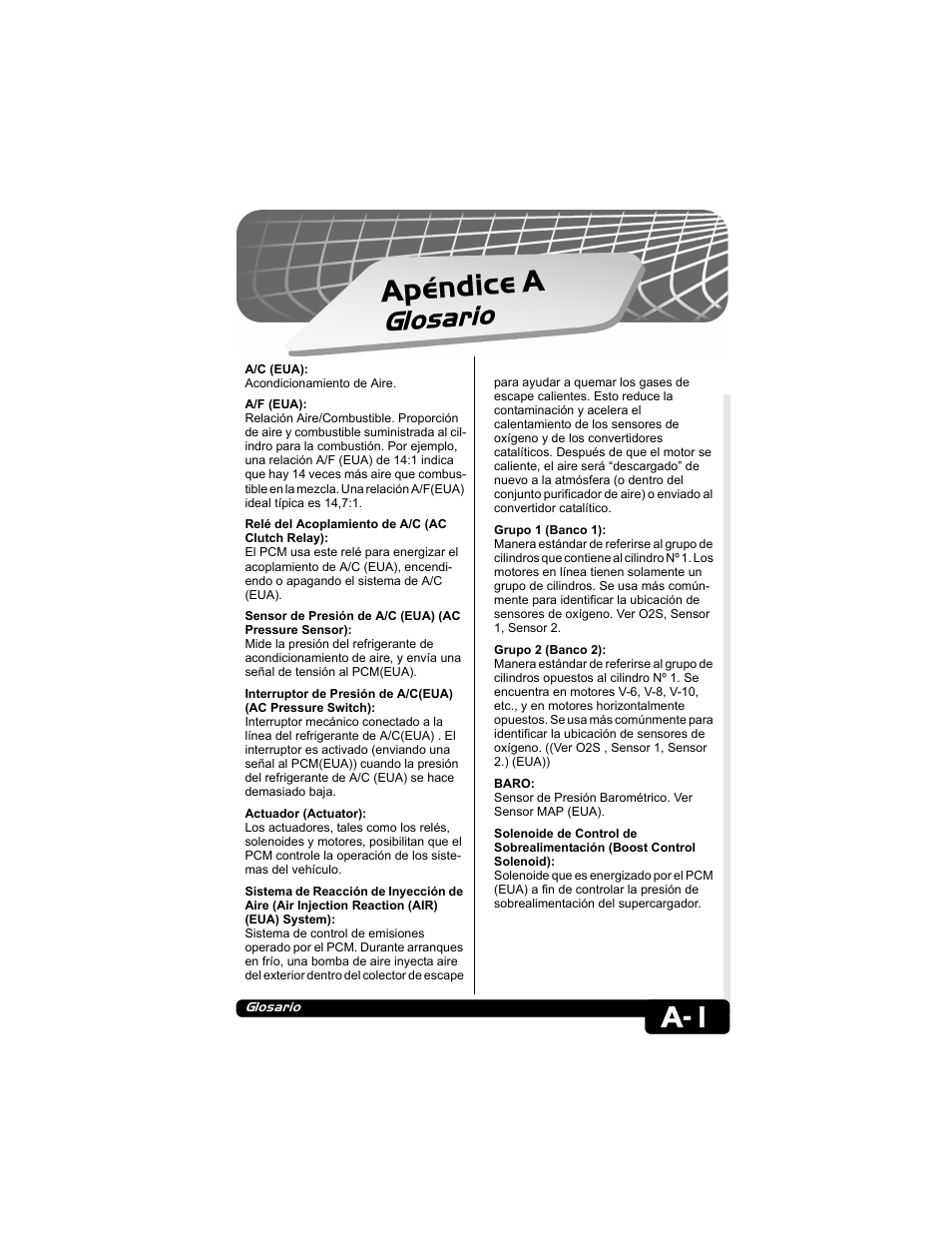 Apéndice a glosario, Apéndice a, Glosario | Actron CP9135 OBD II AutoScanner User Manual | Page 105 / 120