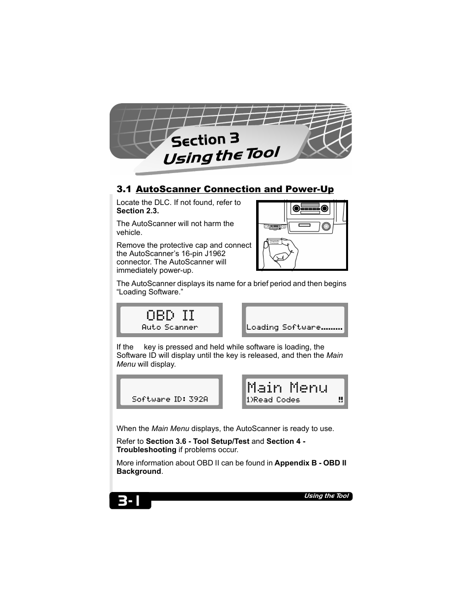 1 autoscanner connection and power-up, Using, Tool | Obd ii, Main menu | Actron CP9135 OBD II AutoScanner User Manual | Page 14 / 120