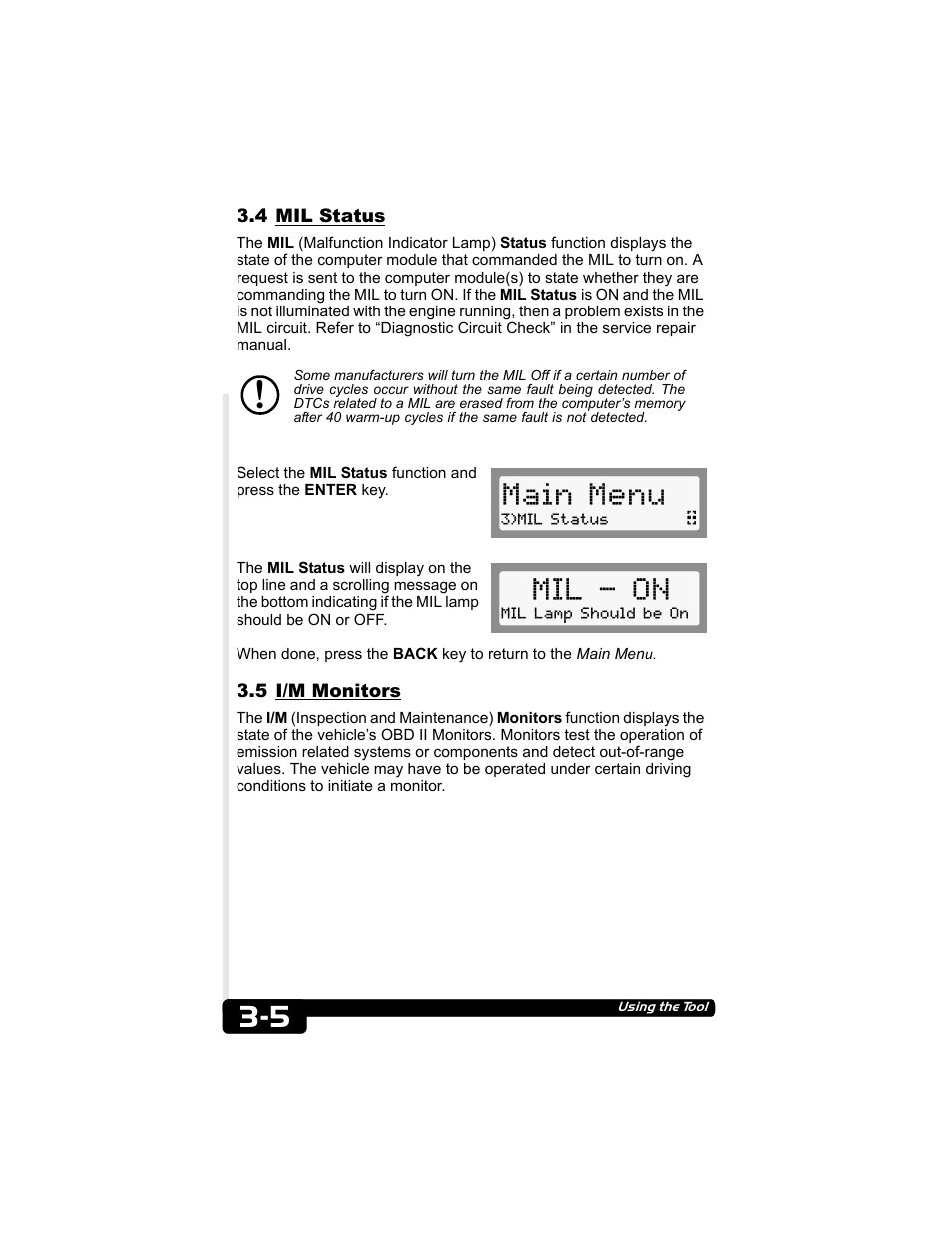 4 mil status, 5 i/m monitors, Main menu | Mil - on | Actron CP9135 OBD II AutoScanner User Manual | Page 18 / 120