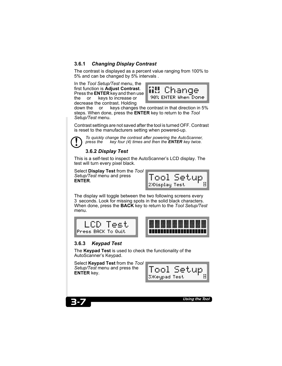 1 changing display contrast, 2 display test, 3 keypad test | Change, Tool setup, Lcd test | Actron CP9135 OBD II AutoScanner User Manual | Page 20 / 120