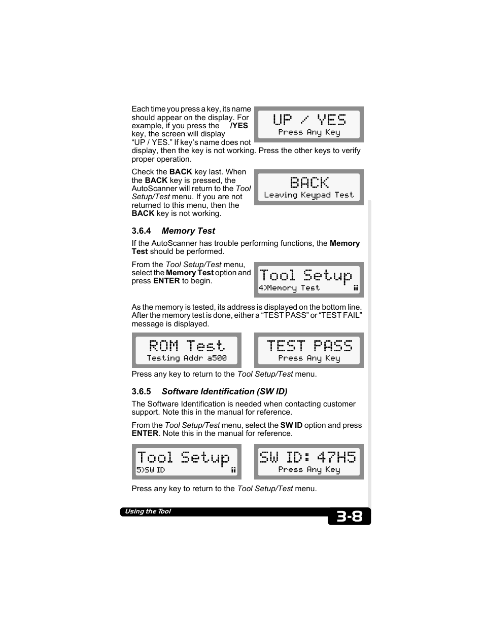 4 memory test, 5 software identification (sw id), Up / yes | Back, Tool setup, Rom test, Test pass, Sw id: 47h5 | Actron CP9135 OBD II AutoScanner User Manual | Page 21 / 120
