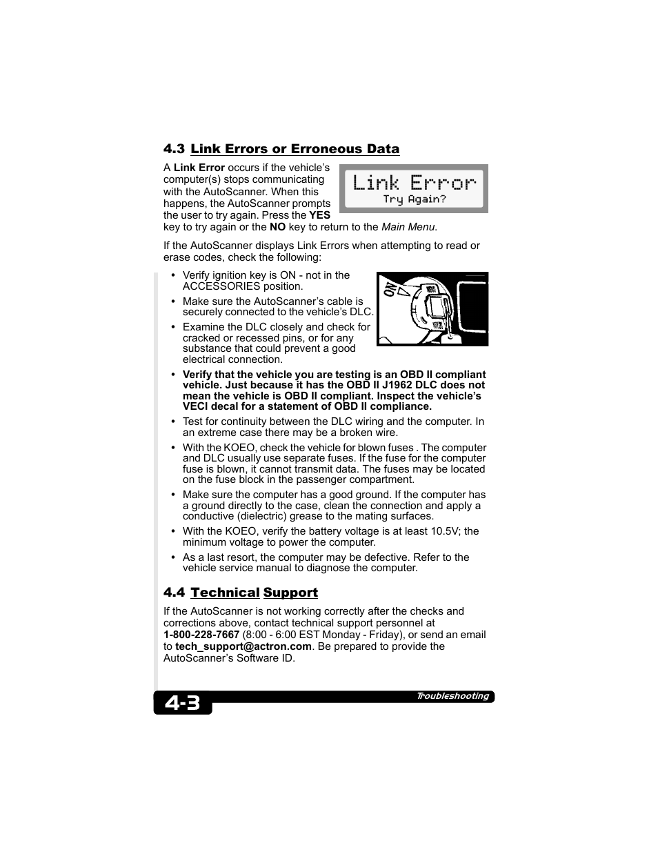 3 link errors or erroneous data, 4 technical support, Link error | Actron CP9135 OBD II AutoScanner User Manual | Page 24 / 120