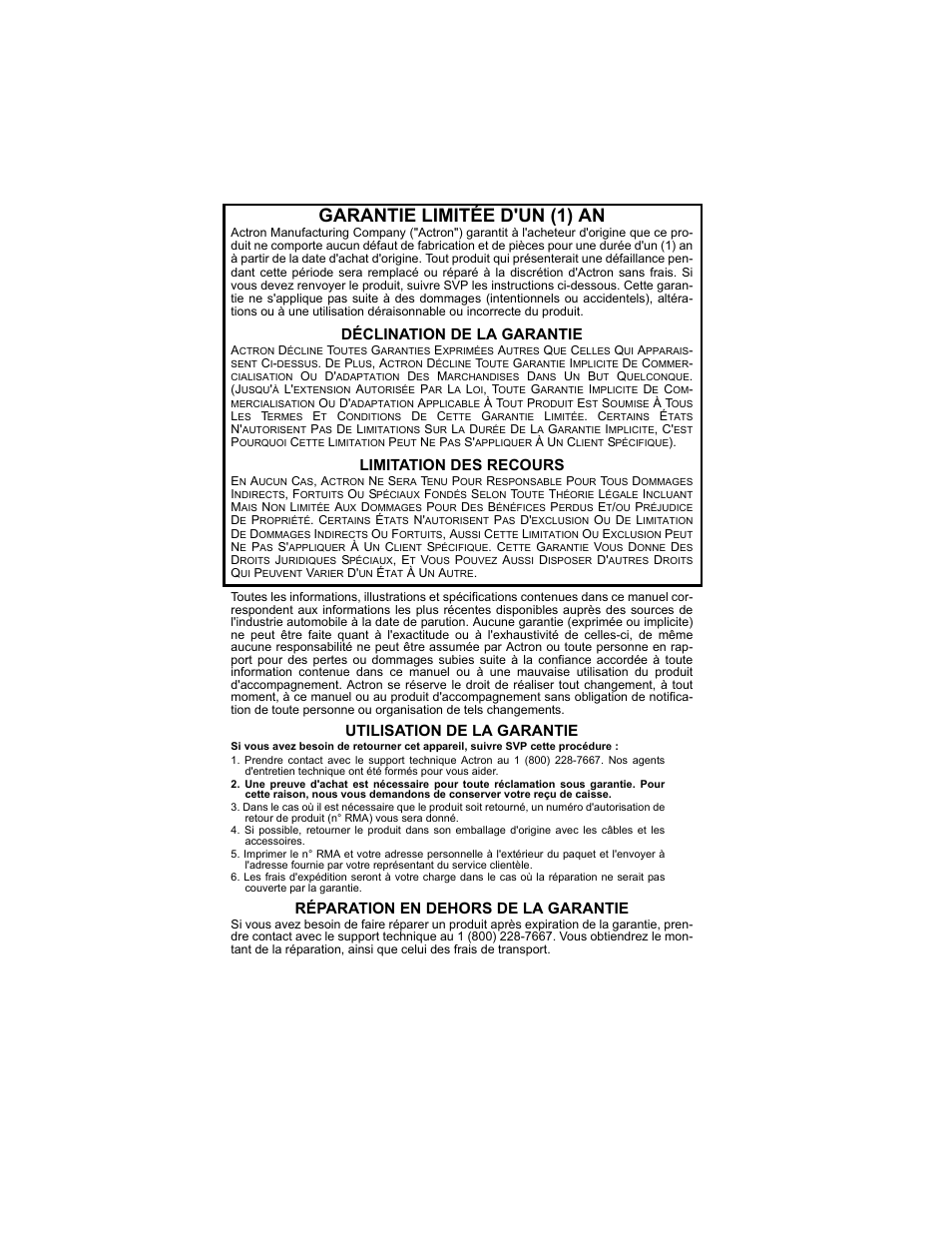Garantie limitée d'un (1) an, Déclination de la garantie, Limitation des recours | Utilisation de la garantie, Réparation en dehors de la garantie | Actron CP9135 OBD II AutoScanner User Manual | Page 36 / 120