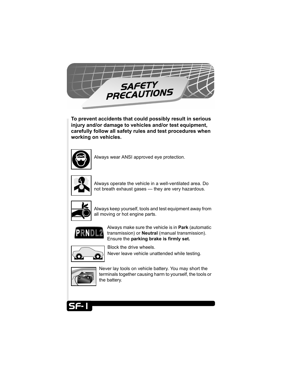 Safety precautions, Sf-1 | Actron CP9135 OBD II AutoScanner User Manual | Page 4 / 120