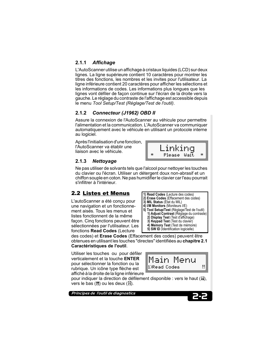 1 affichage, 2 connecteur (j1962) obd ii, 3 nettoyage | 2 listes et menus, Linking, Main menu | Actron CP9135 OBD II AutoScanner User Manual | Page 45 / 120