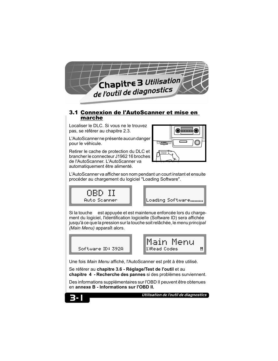 1 connexion de l'autoscanner et mise en marche, Obd ii, Main menu | Chapitre 3, Utilisation de l'outil de diag nostics | Actron CP9135 OBD II AutoScanner User Manual | Page 50 / 120