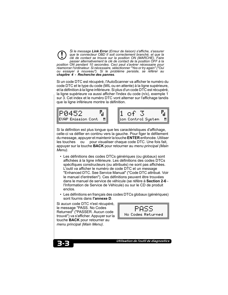P0452, 1 of 3, Pass | Actron CP9135 OBD II AutoScanner User Manual | Page 52 / 120