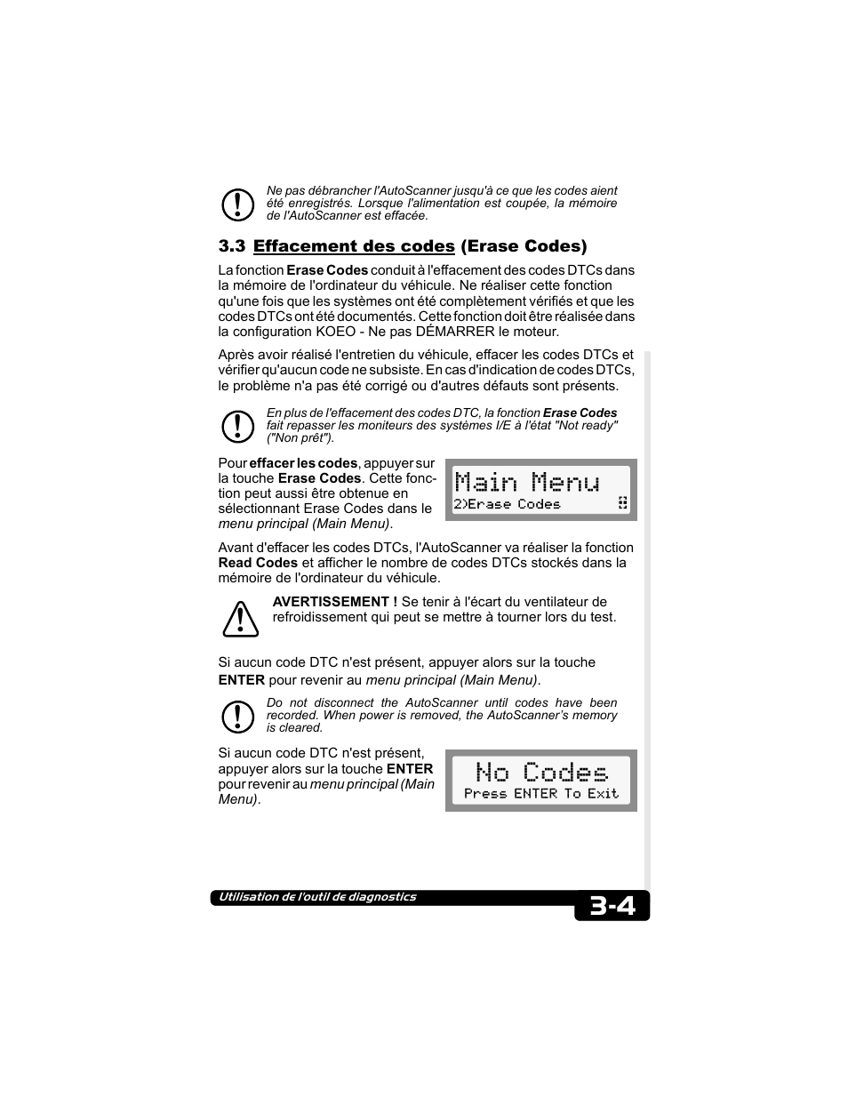 3 effacement des codes (erase codes), Main menu, No codes | Actron CP9135 OBD II AutoScanner User Manual | Page 53 / 120