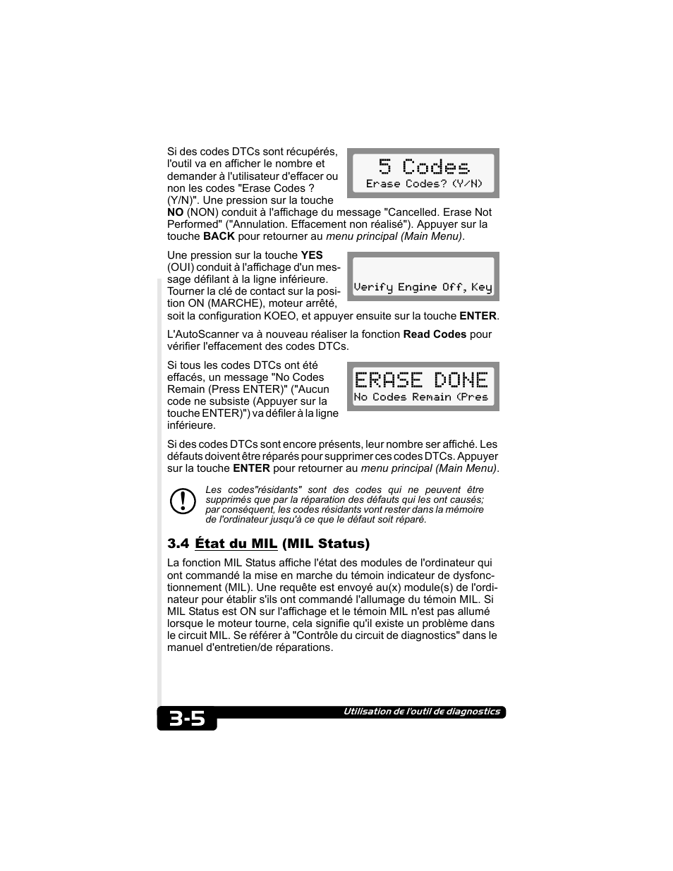4 état du mil (mil status), 5 codes, Erase done | Actron CP9135 OBD II AutoScanner User Manual | Page 54 / 120