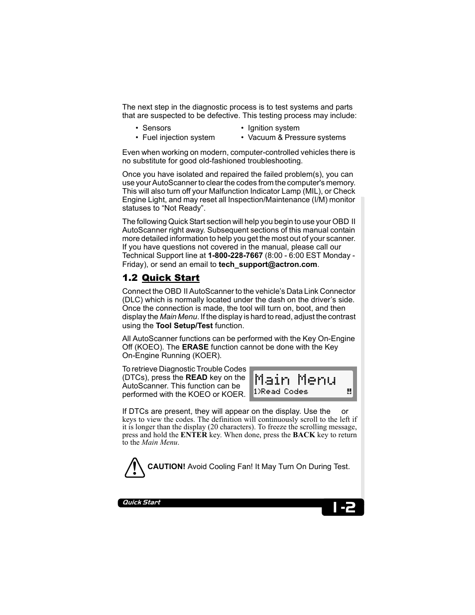 2 quick start, Main menu | Actron CP9135 OBD II AutoScanner User Manual | Page 7 / 120