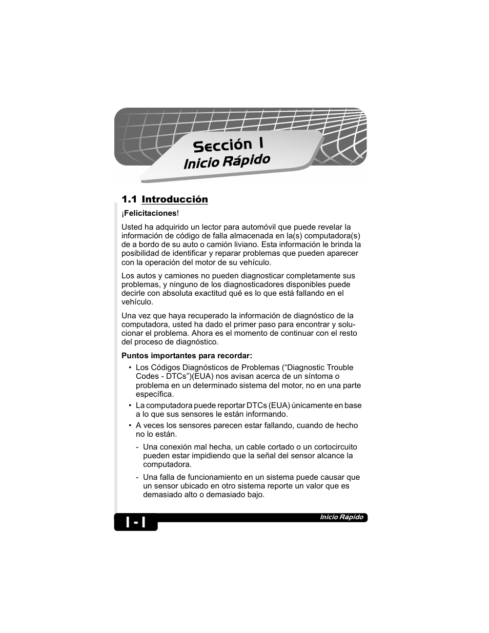 1 introducción, Sección 1, Inicio rápido | Actron CP9135 OBD II AutoScanner User Manual | Page 81 / 120
