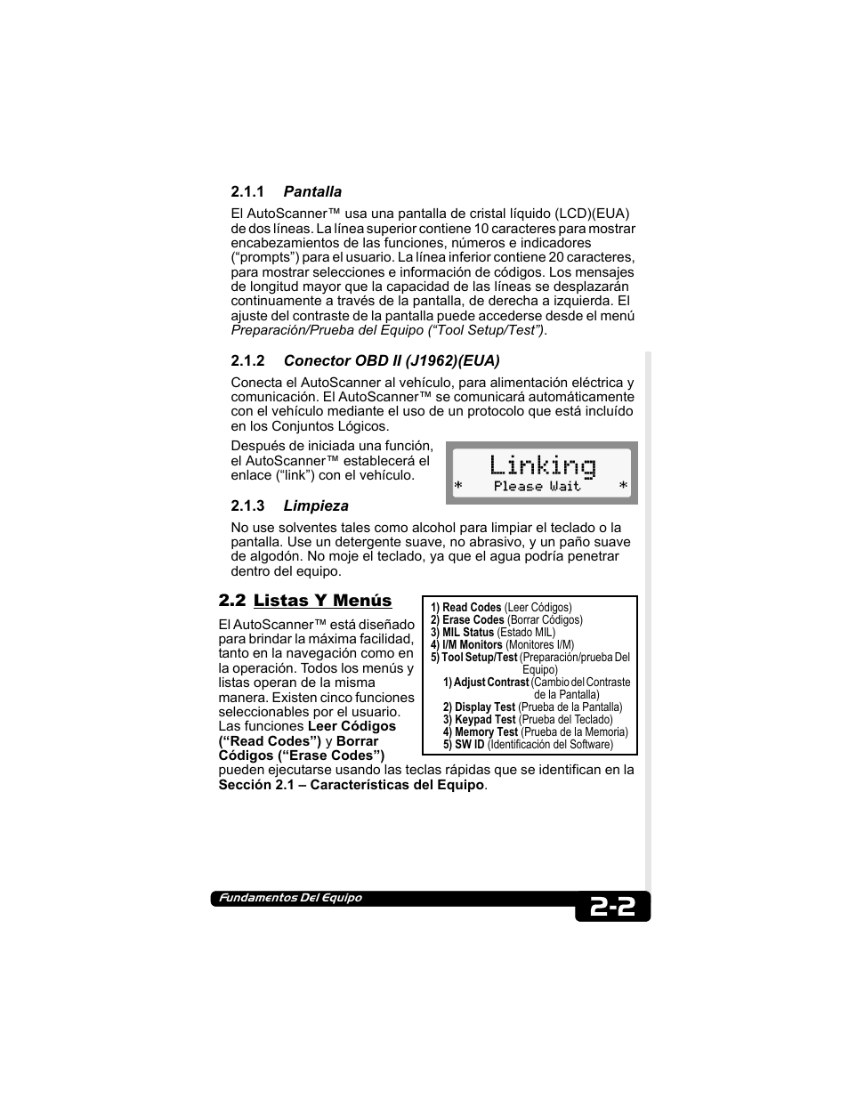 1 pantalla, 2 conector obd ii (j1962)(eua), 3 limpieza | 2 listas y menús, Linking | Actron CP9135 OBD II AutoScanner User Manual | Page 86 / 120