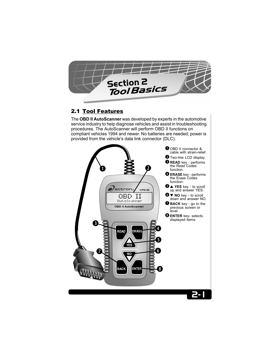 1 tool features, Tool, Basics | Actron CP9135 OBD II AutoScanner User Manual | Page 9 / 120