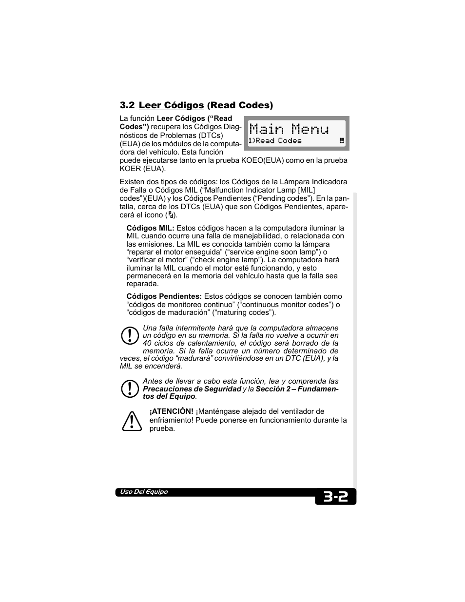 2 leer códigos (read codes), Main menu | Actron CP9135 OBD II AutoScanner User Manual | Page 92 / 120