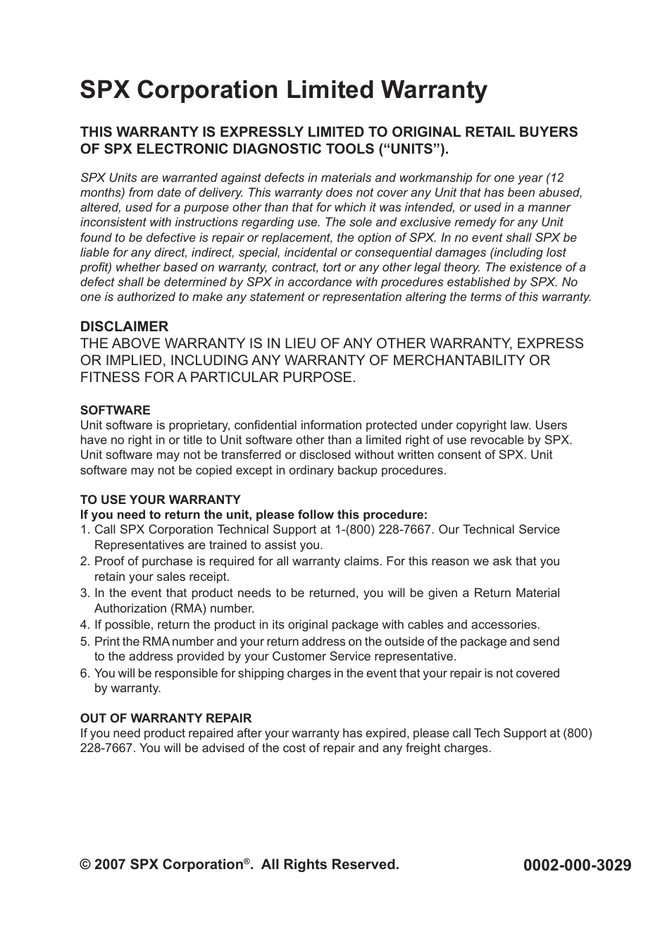 Spx corporation limited warranty | Actron CP9449 ABS BrakeScan User Manual | Page 16 / 16