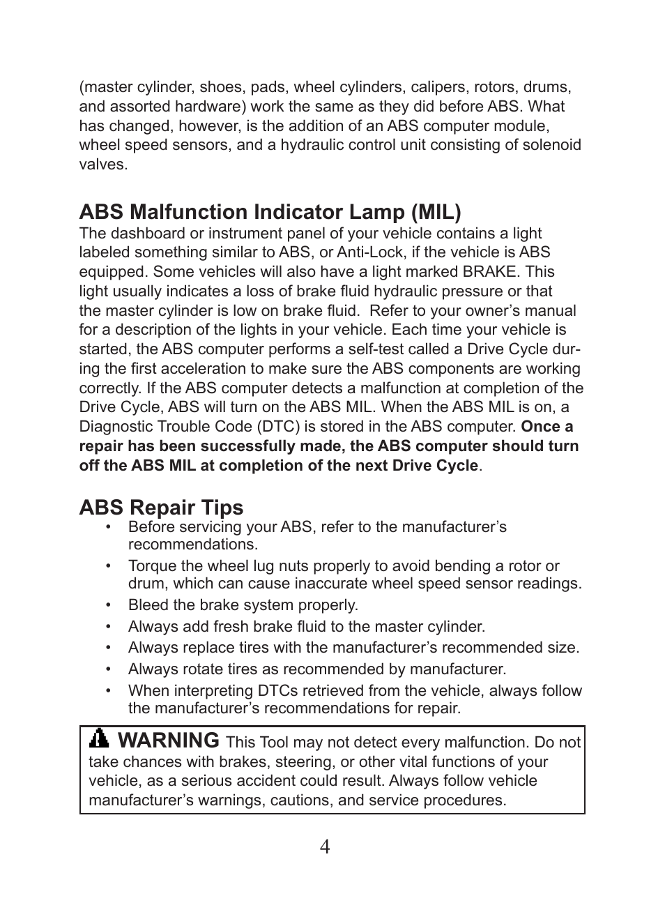 Abs malfunction indicator lamp (mil), Abs repair tips, Warning | Actron CP9449 ABS BrakeScan User Manual | Page 4 / 16