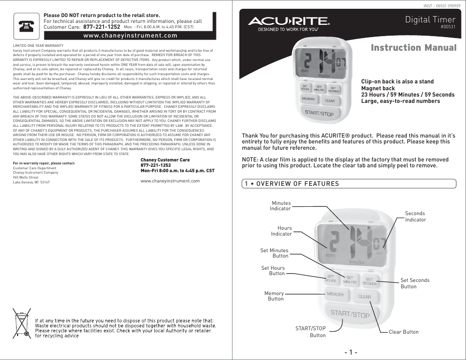 AcuRite 00531 Timer User Manual | 2 pages