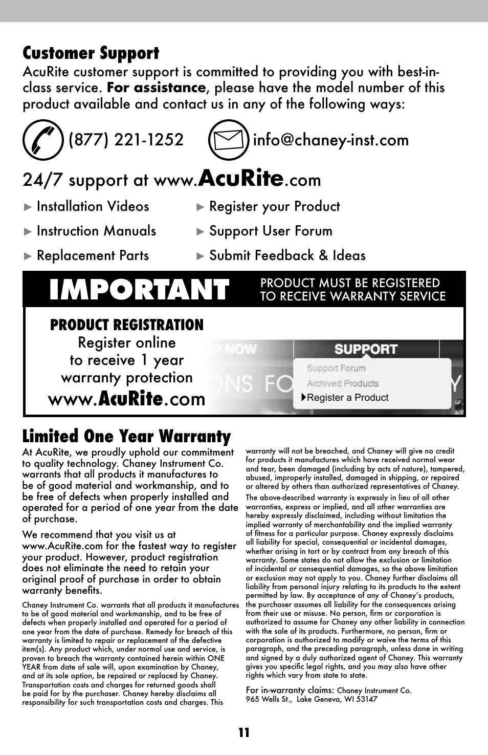 Important, Acurite, Customer support | Limited one year warranty, Installation videos, Register your product, Instruction manuals, Support user forum, Replacement parts, Submit feedback & ideas | AcuRite 13024 Alarm Clock User Manual | Page 11 / 12