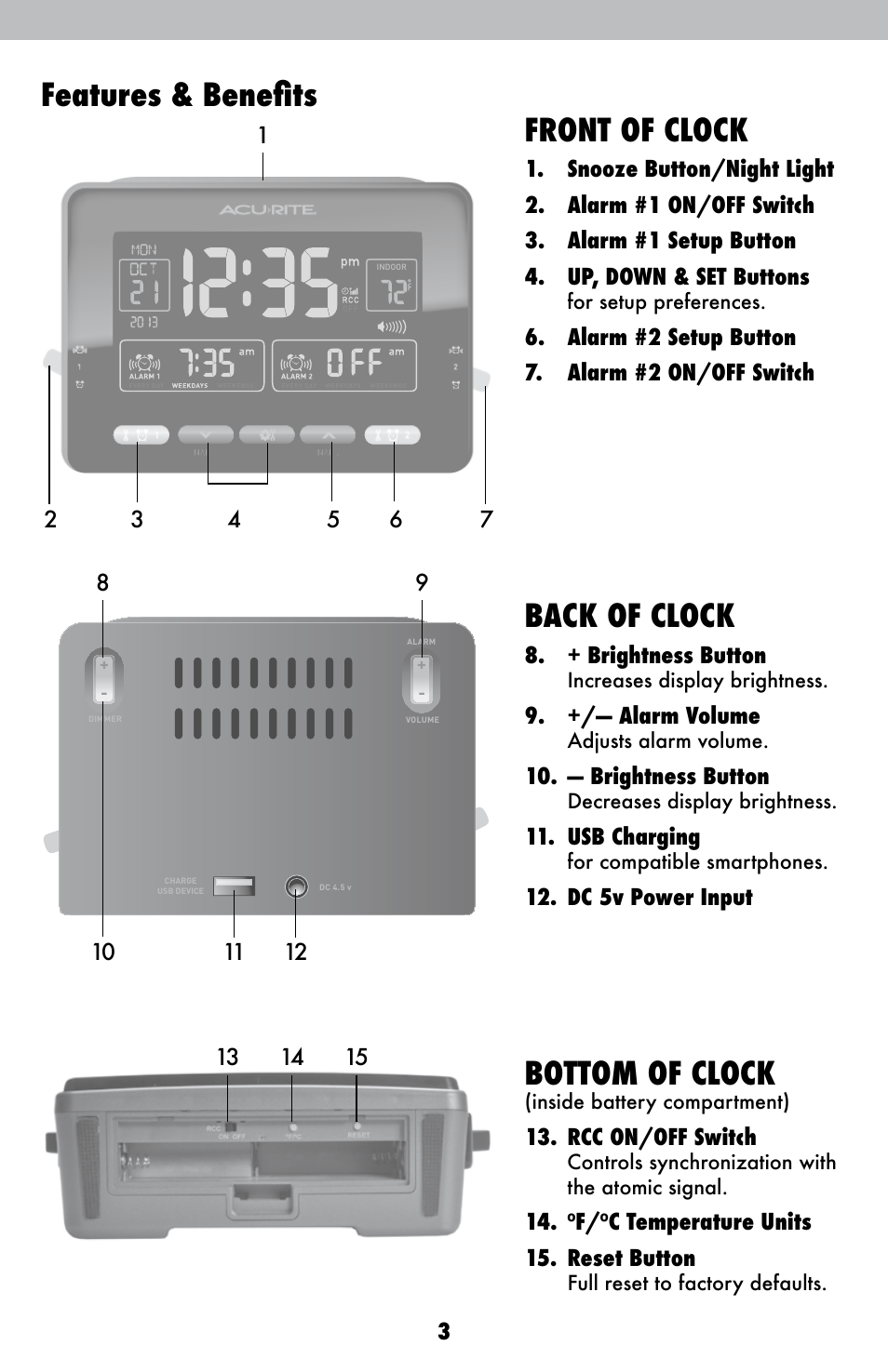 Features & benefits, Back of clock, Bottom of clock | Front of clock, + brightness button, +/— alarm volume, — brightness button, Usb charging, Dc 5v power input, Rcc on/off switch | AcuRite 13024 Alarm Clock User Manual | Page 3 / 12