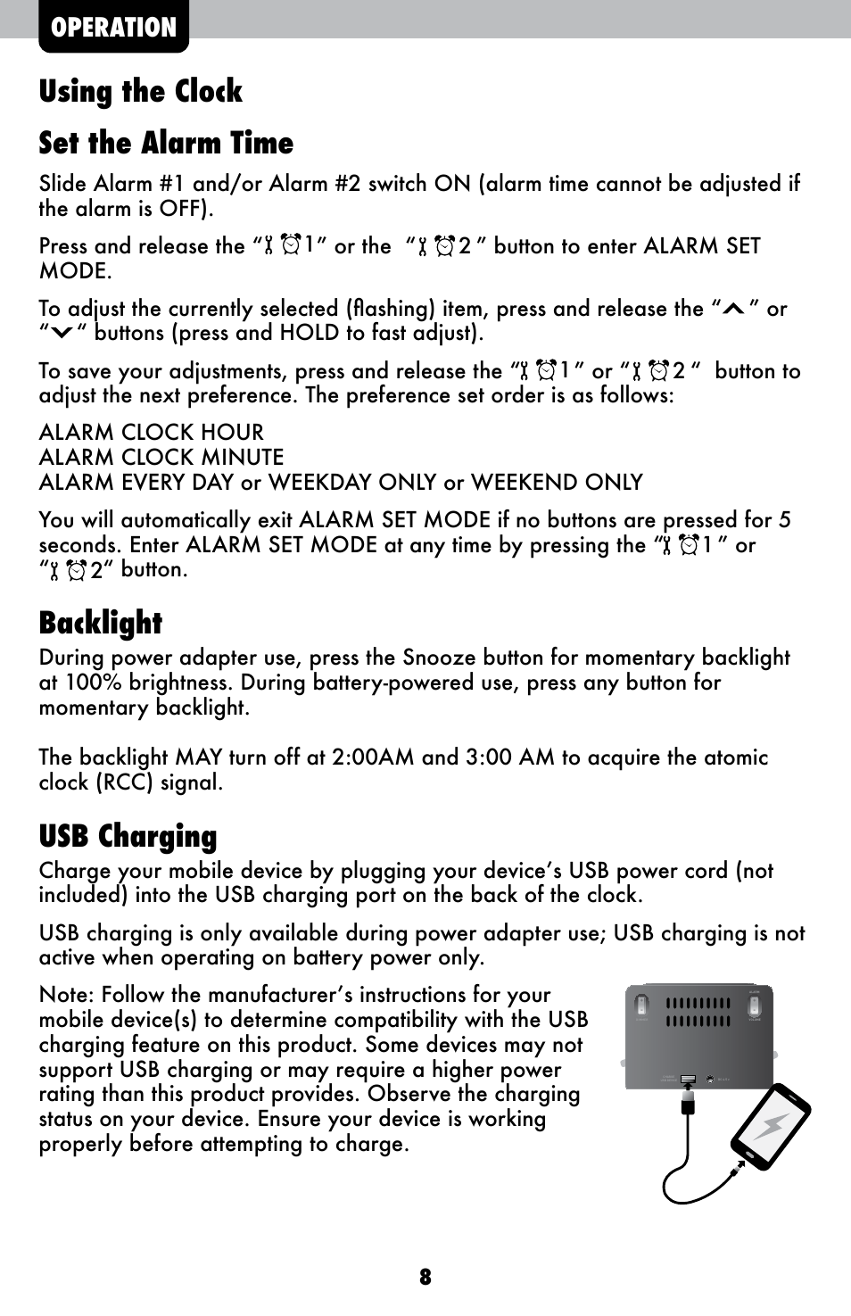 Using the clock set the alarm time, Backlight, Usb charging | Operation | AcuRite 13024 Alarm Clock User Manual | Page 8 / 12