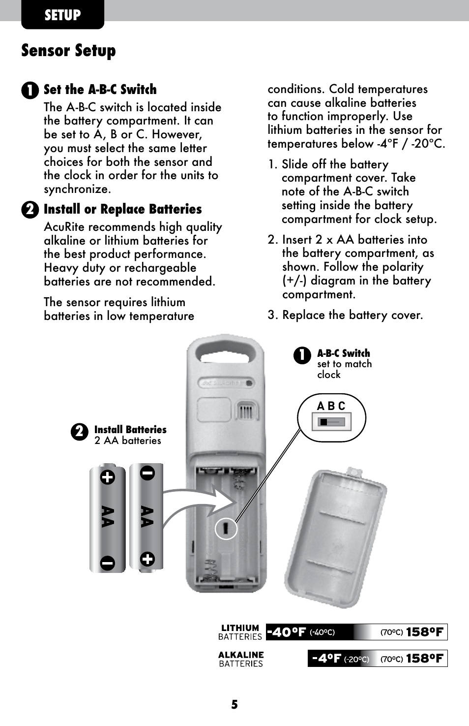 Sensor setup, Setup | AcuRite 13022 Alarm Clock User Manual | Page 5 / 14