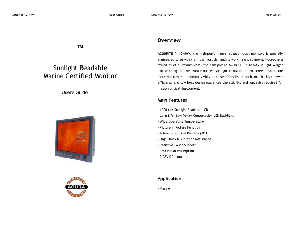 Acura Embedded AcuBrite 12″-Nav User Manual | 6 pages