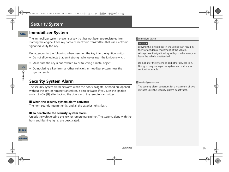 Security system, Immobilizer system, Security system alarm | P. 99 | Acura 2013 TSX Sport Wagon User Manual | Page 100 / 329