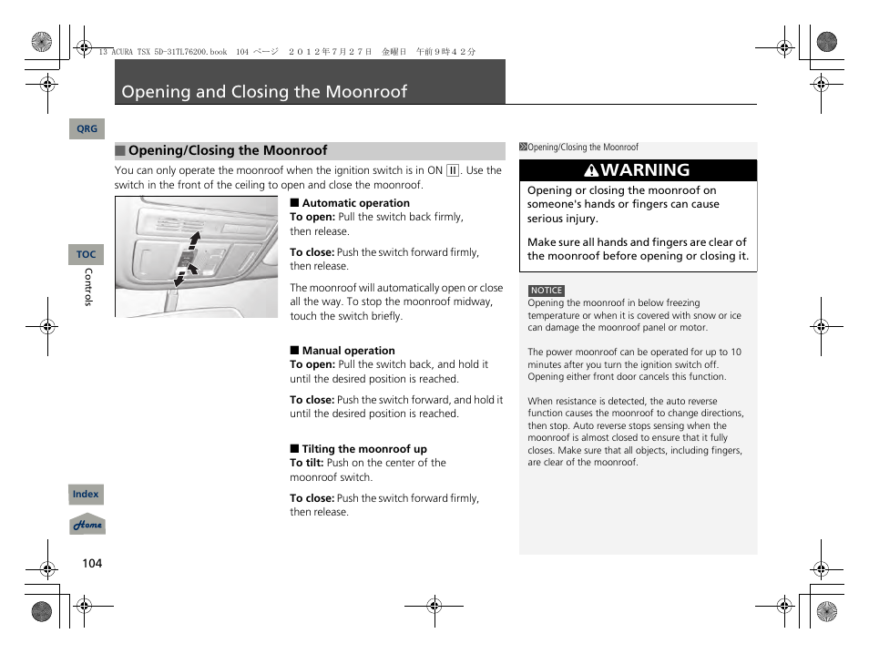 Opening and closing the moonroof, P. 104, P104) | Warning | Acura 2013 TSX Sport Wagon User Manual | Page 105 / 329