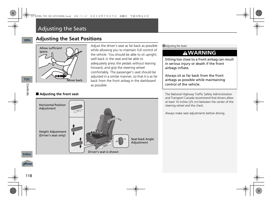 Adjusting the seats, Adjusting the seat positions, P. 118 | P118), 2 adjusting the seats p. 118, Warning | Acura 2013 TSX Sport Wagon User Manual | Page 119 / 329