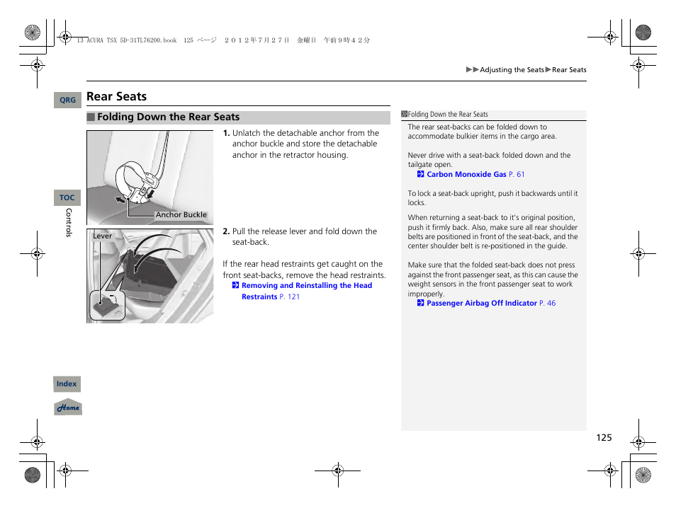 Rear seats, P125) | Acura 2013 TSX Sport Wagon User Manual | Page 126 / 329