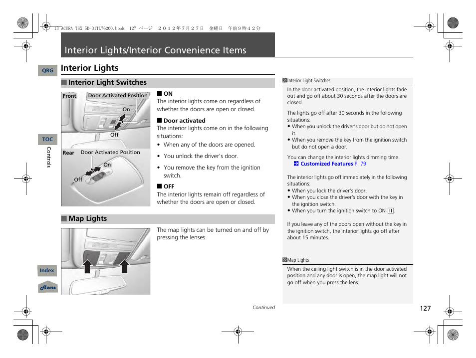 Interior lights/interior convenience items, Interior lights, Enience items | P. 127, P127), Interior lights/interior convenience, Items | Acura 2013 TSX Sport Wagon User Manual | Page 128 / 329